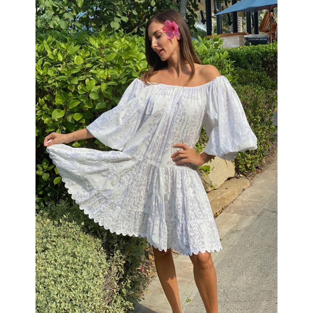 Juliet Dunn London Boho Layer Dress in Palladio Block Print White